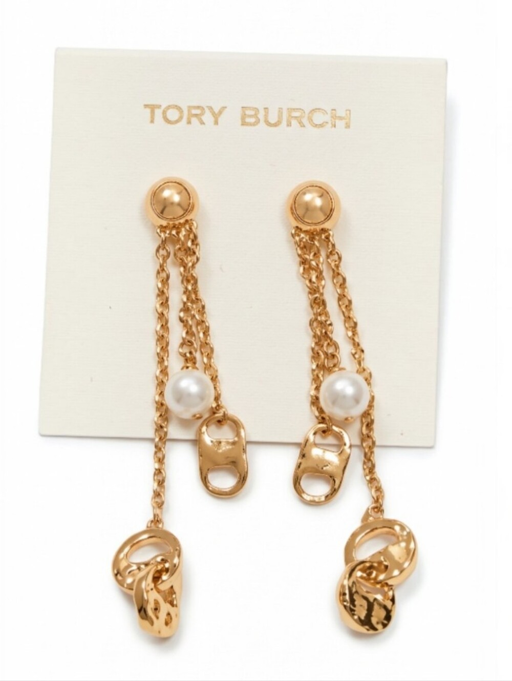 Tory Burch Multi Logo Chain Drop Pearl Earrings